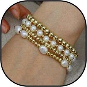 Gold Beaded Pearl Bracelets for Women Layered Stackable Jewelry Gift Paperclip